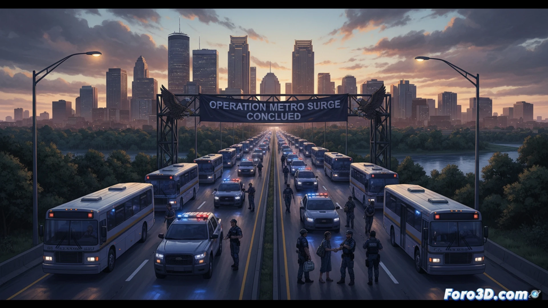 Agentes federales patrullan calles urbanas con vehículos oficiales, mientras transeúntes observan con recelo. El ambiente es tenso y controlado.