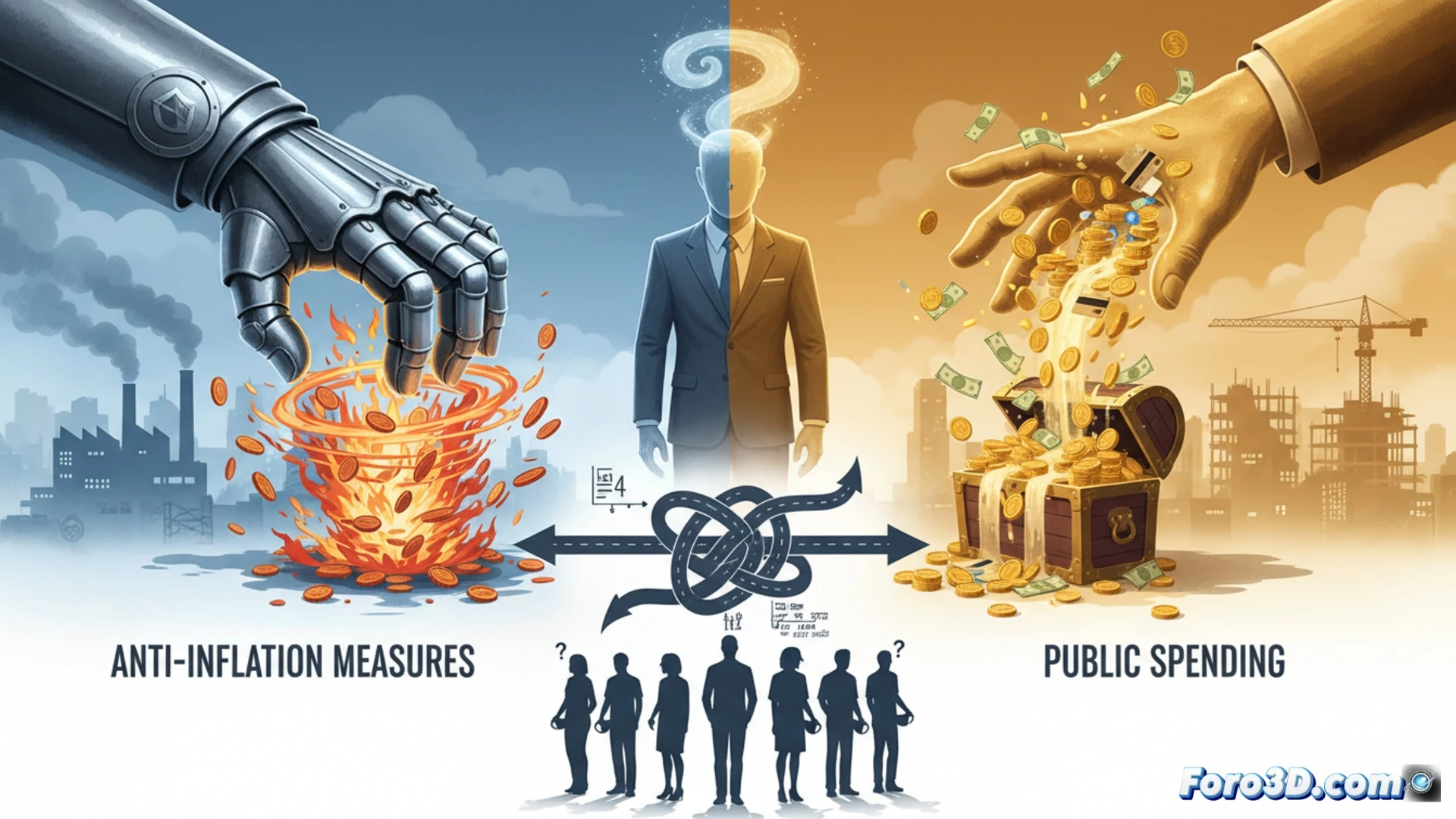 Un hombre con dos brazos: uno sostiene un cartel de CONTROL DE PRECIOS, mientras el otro reparte billetes de un maletín marcado GASTO PÚBLICO.