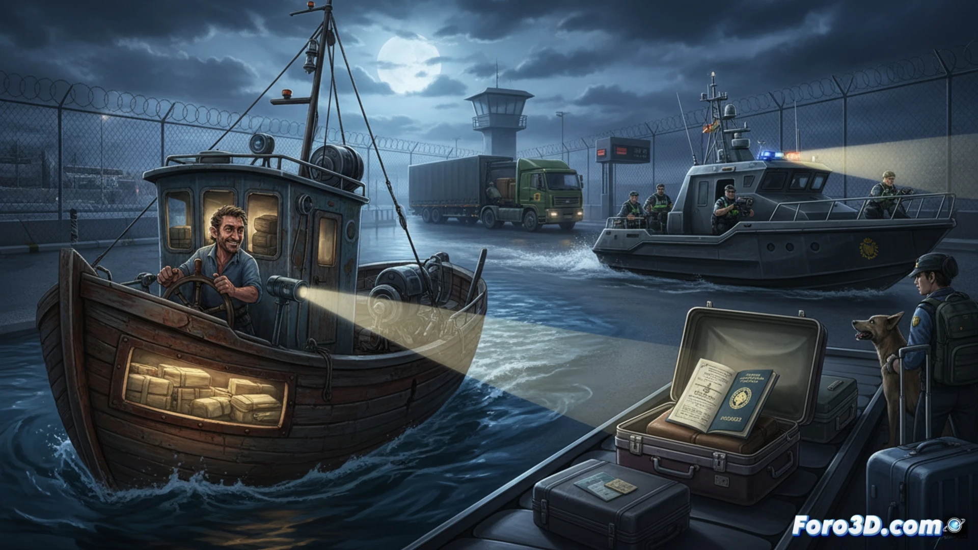 Agente de aduanas revisando un vehículo en un paso fronterizo, con equipos de escáner y perros detectores, bajo una luz intensa de focos.