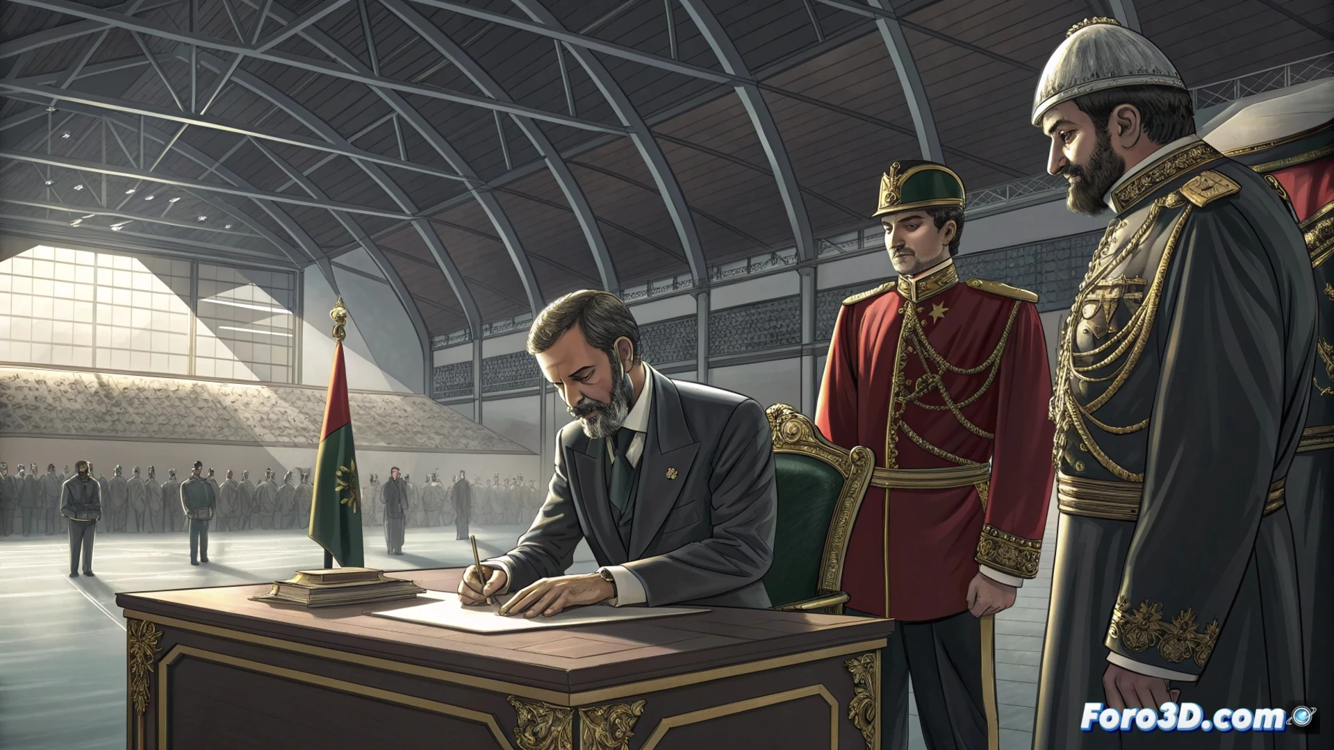 Vista aérea del Aquarium de San Sebastián, con tres personas firmando un acuerdo sobre planos del pabellón Ilunbe, símbolos de accesibilidad superpuestos.