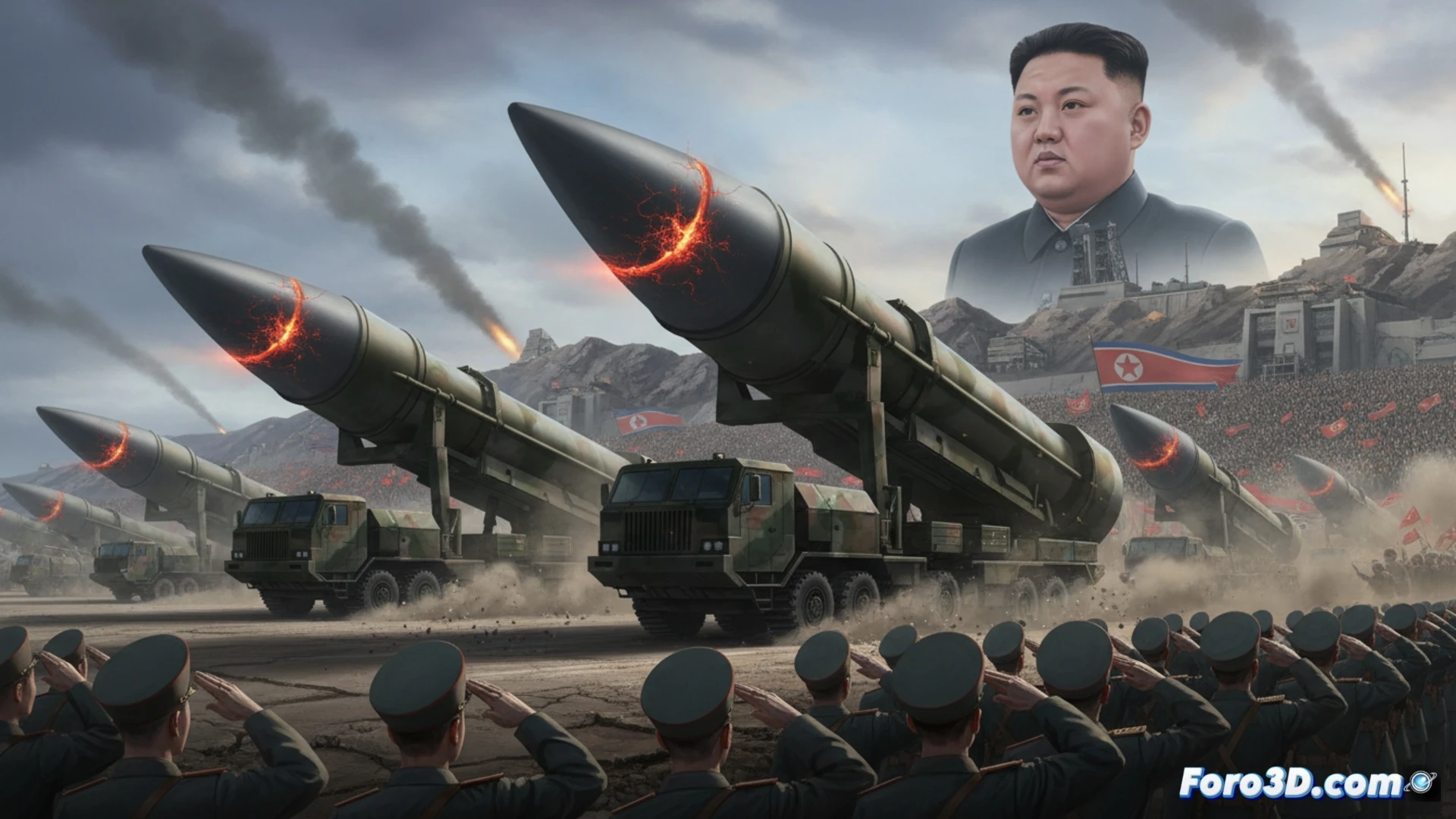 Imagen de misiles balísticos norcoreanos en fila, con cabezas de guerra simuladas, durante una prueba exhibida por medios estatales.