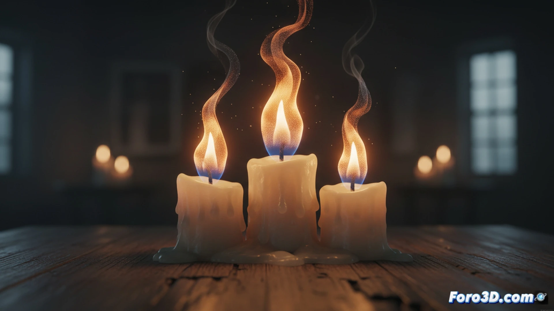 Una vela con una llama naranja y amarilla, formada por geometría texturizada y translúcida, sobre un fondo oscuro para destacar su brillo y movimiento.