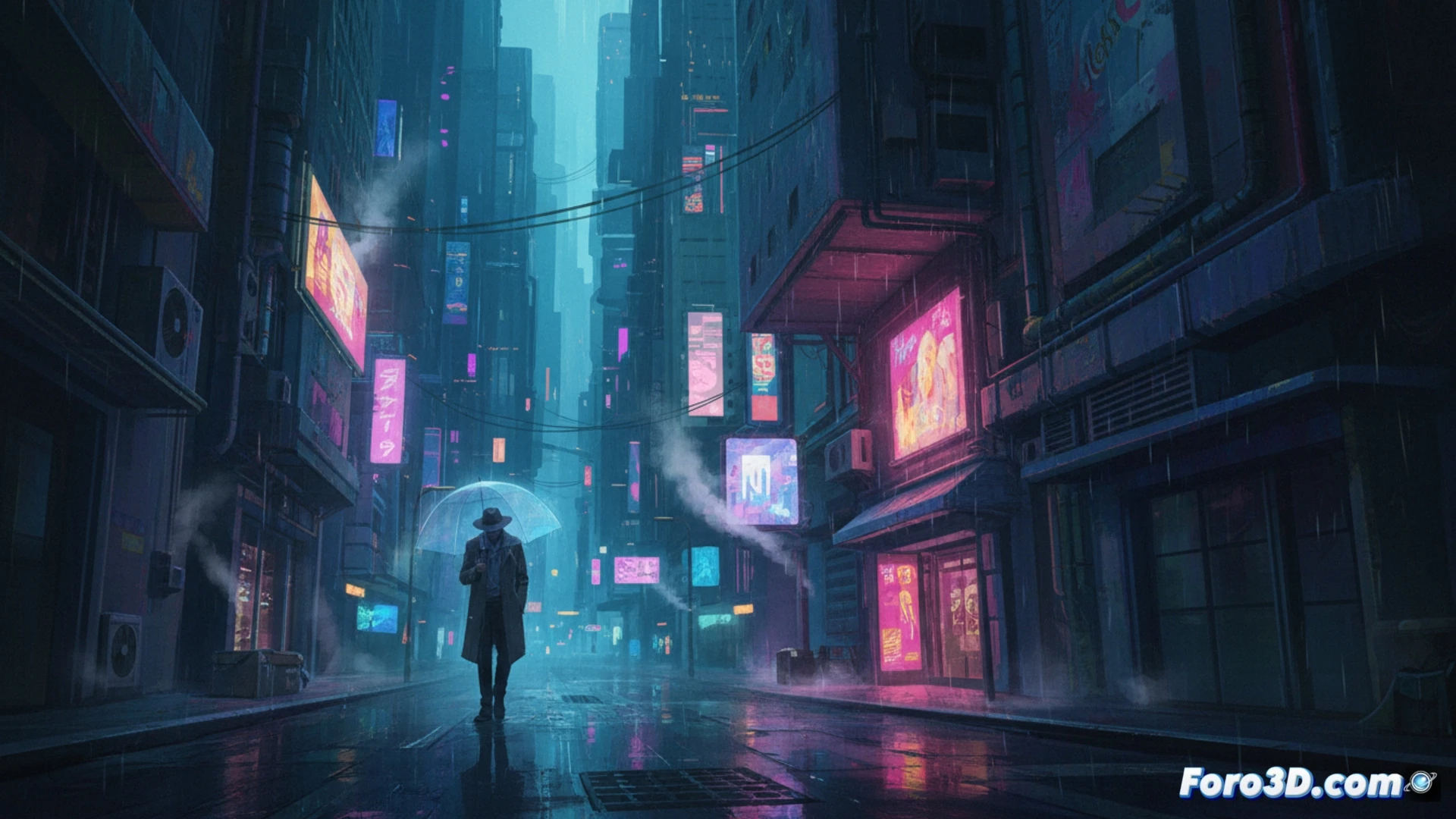 Una figura solitaria bajo la lluvia, reflejada en el asfalto mojado de una calle nocturna, bañada por el resplandor melancólico de letreros de neón descoloridos.