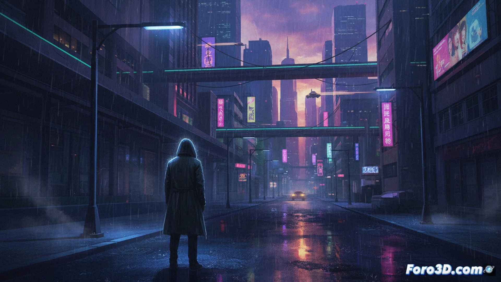 Una calle nocturna y lluviosa, reflejos de neón azul y púrpura en el asfalto, bajo la silueta de rascacielos gigantes y oscuros. Un ambiente de soledad urbana y melancolía tecnológica.