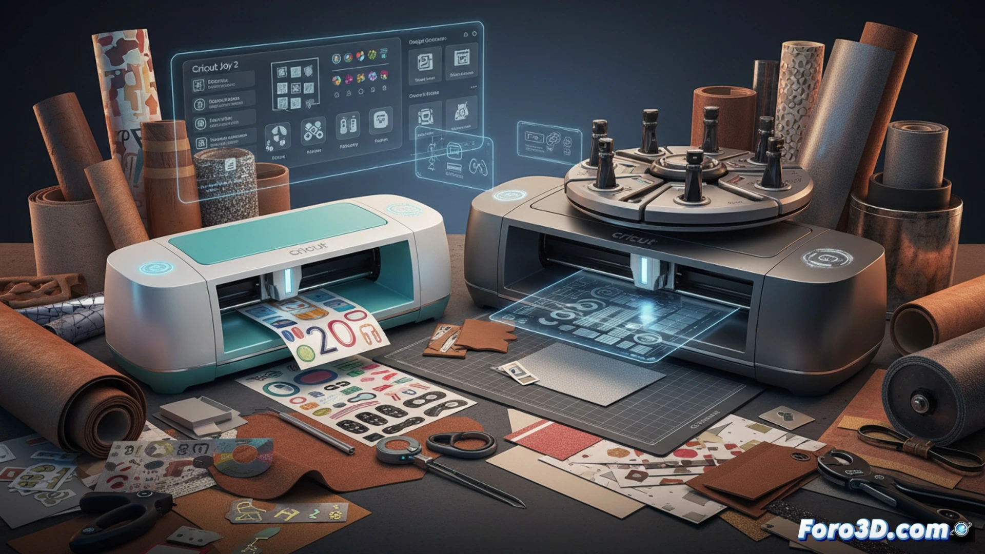 Dos nuevas máquinas de corte Cricut, Joy 2 compacta y Explore 5 más pequeña, sobre una mesa con materiales creativos y una pantalla mostrando el software renovado.