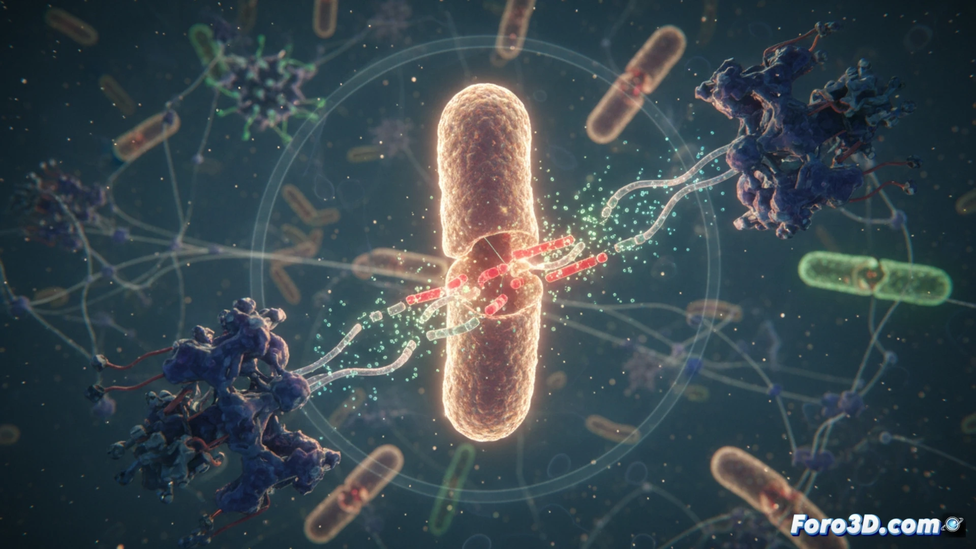 Un científico observa bacterias bajo un microscopio, mientras un láser de ADN CRISPR 