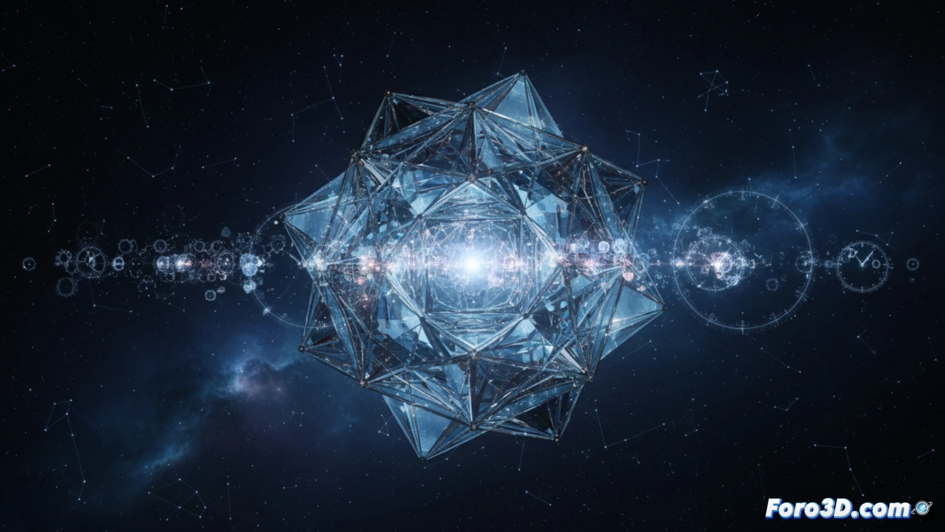 Ilustración conceptual de un cristal temporal, mostrando una estructura atómica geométrica que pulsa con un brillo rítmico, representando su oscilación perpetua en la dimensión temporal.