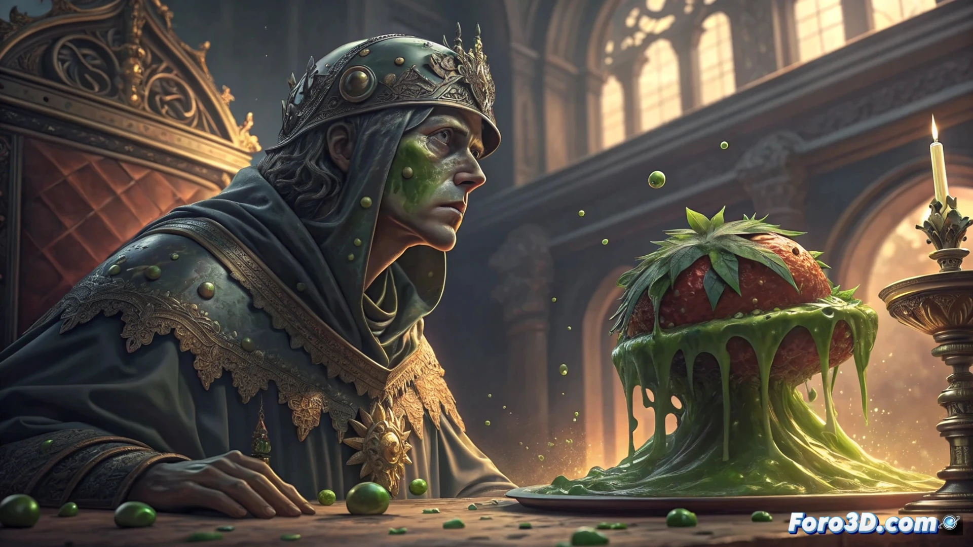 Un slime azul, Rimuru, en un cine lleno, proyectando escenas épicas de batallas y el mar azul brillante de la película.