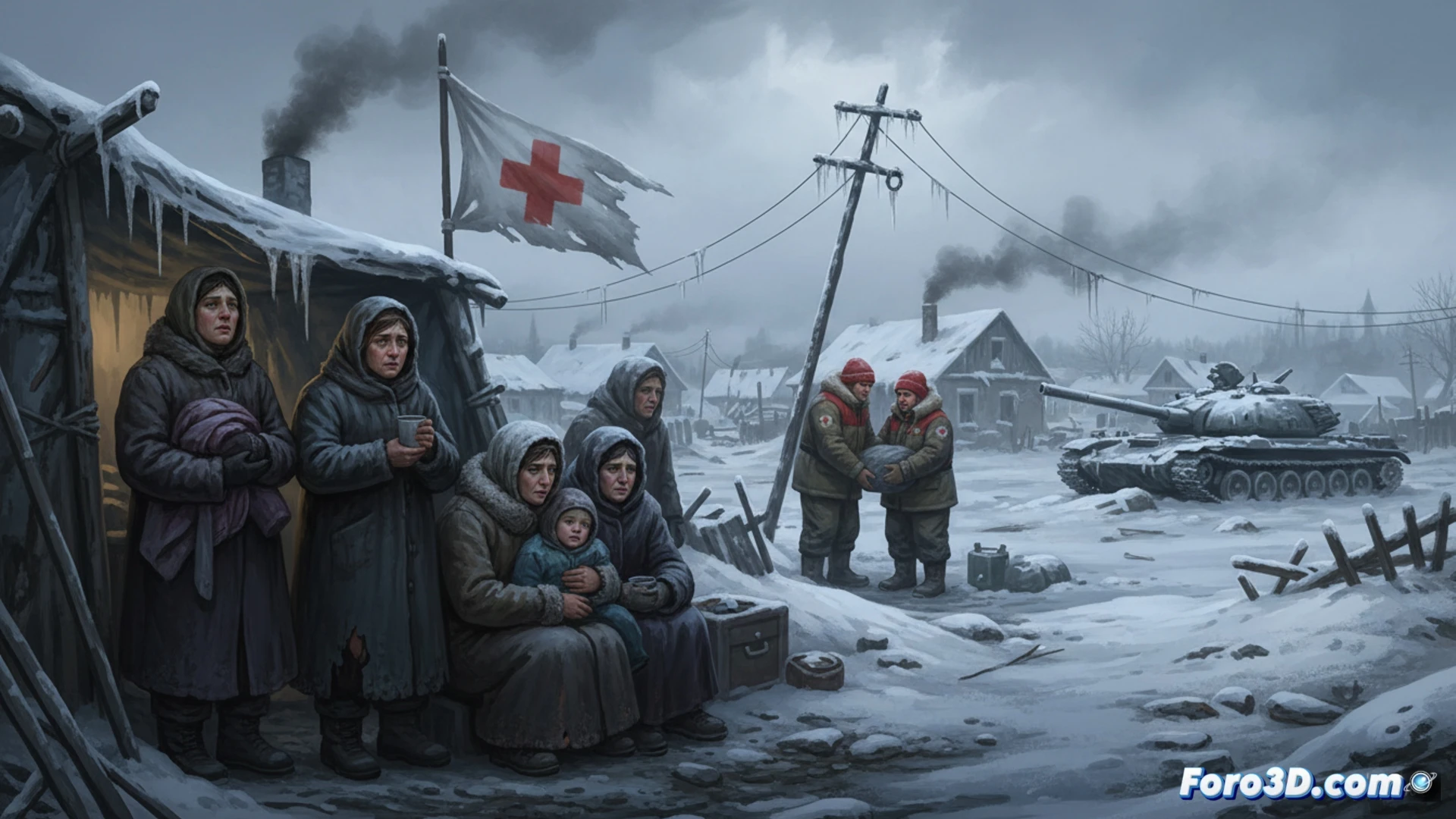 Una familia ucraniana se abriga en una cocina a oscuras, con ventanas rotas y aliento visible por el frío, mientras afuera nieva.