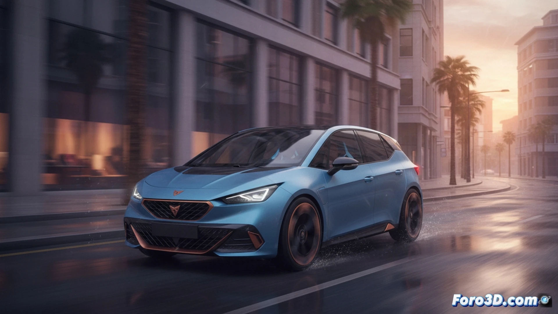 Un CUPRA Raval eléctrico, compacto y con líneas deportivas, circula ágilmente por una calle urbana moderna, mostrando su diseño dinámico.