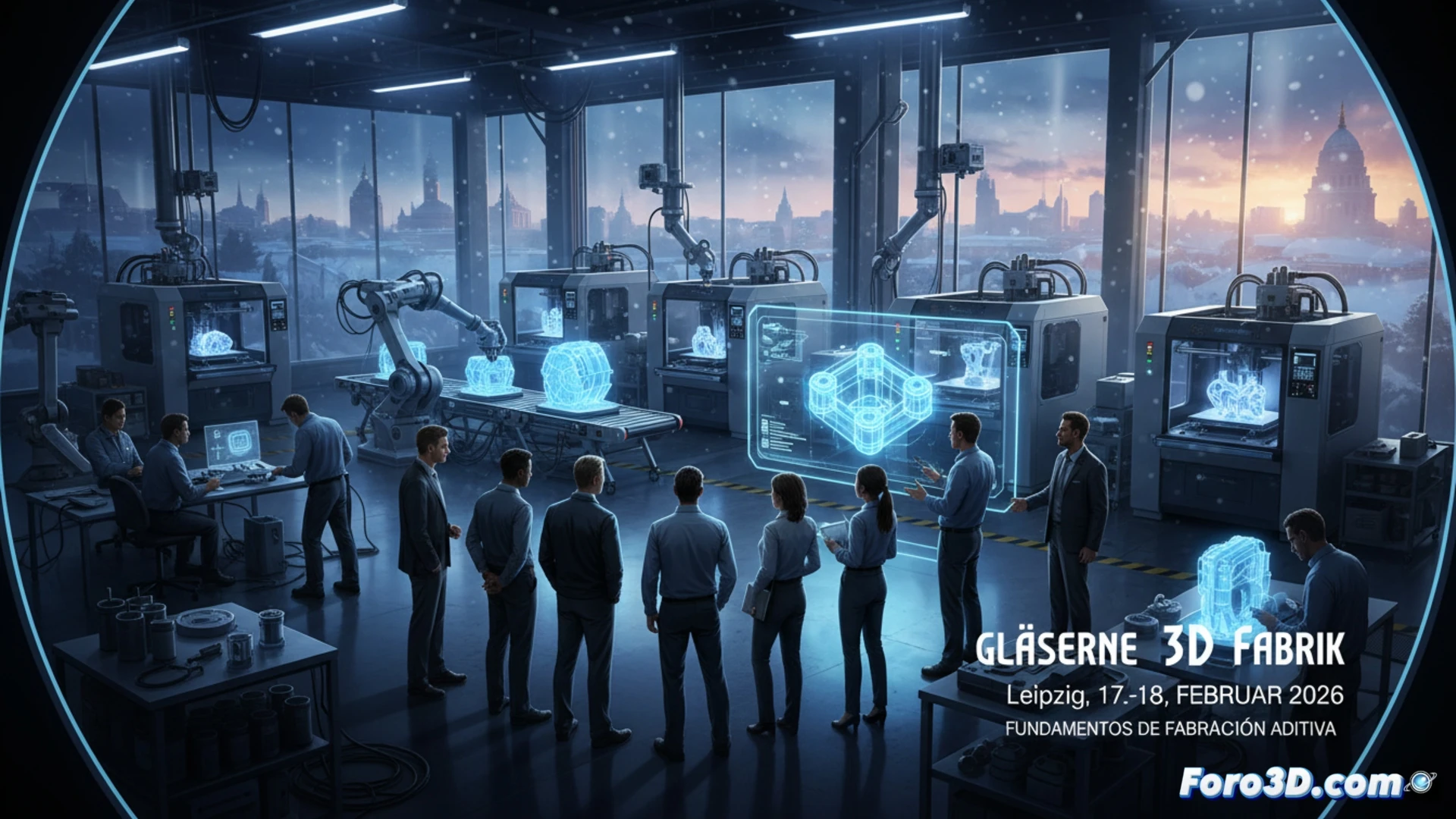 Un aula moderna en Leipzig con asistentes interactuando con impresoras 3D y pantallas que muestran diseños digitales paso a paso.