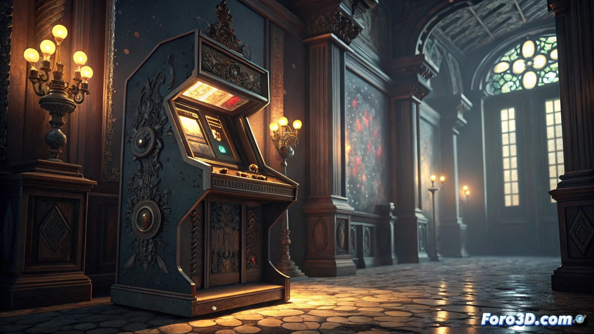 Una Nintendo Switch 2 con el juego 'Dark Auction' en pantalla, ambientado en una lujosa subasta nocturna de los años 80.