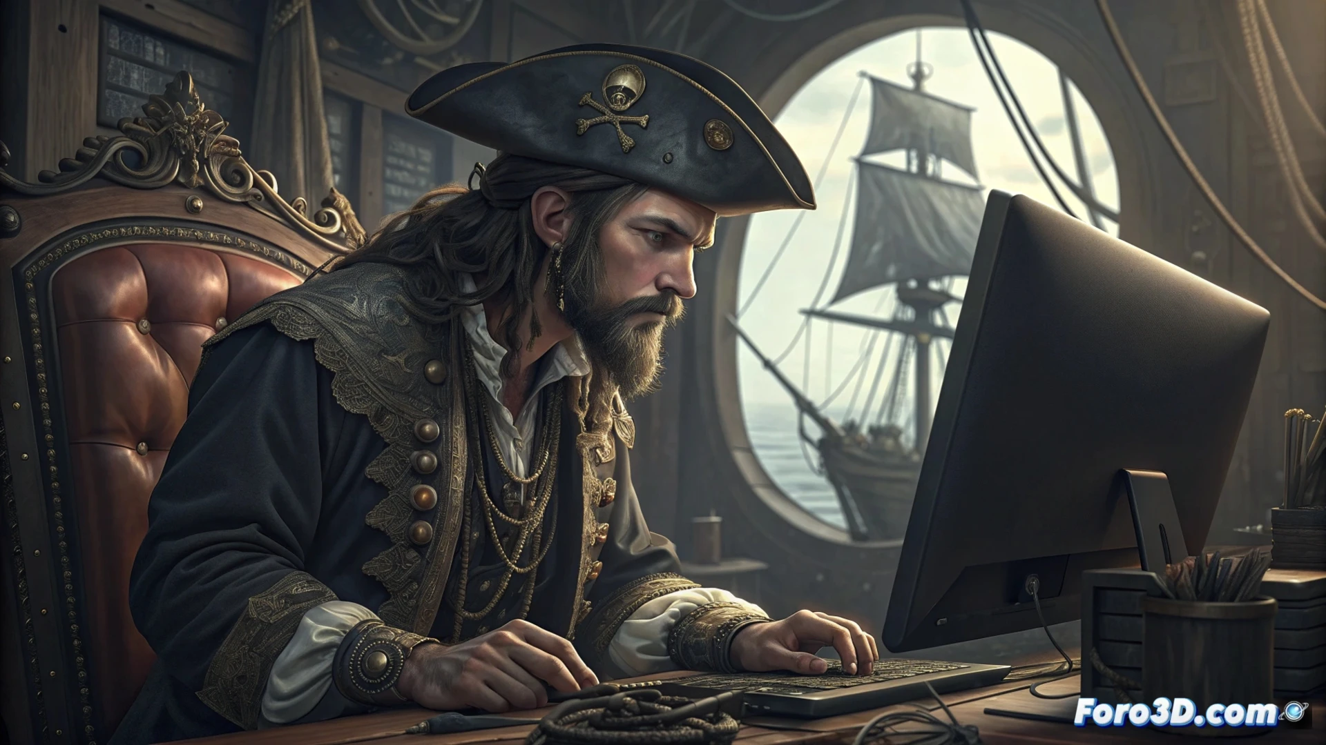 Un pirata digital moderno codifica herramientas de comunicación cifrada, mientras en un espejo se refleja la silueta de un velero pirata del siglo XVIII.
