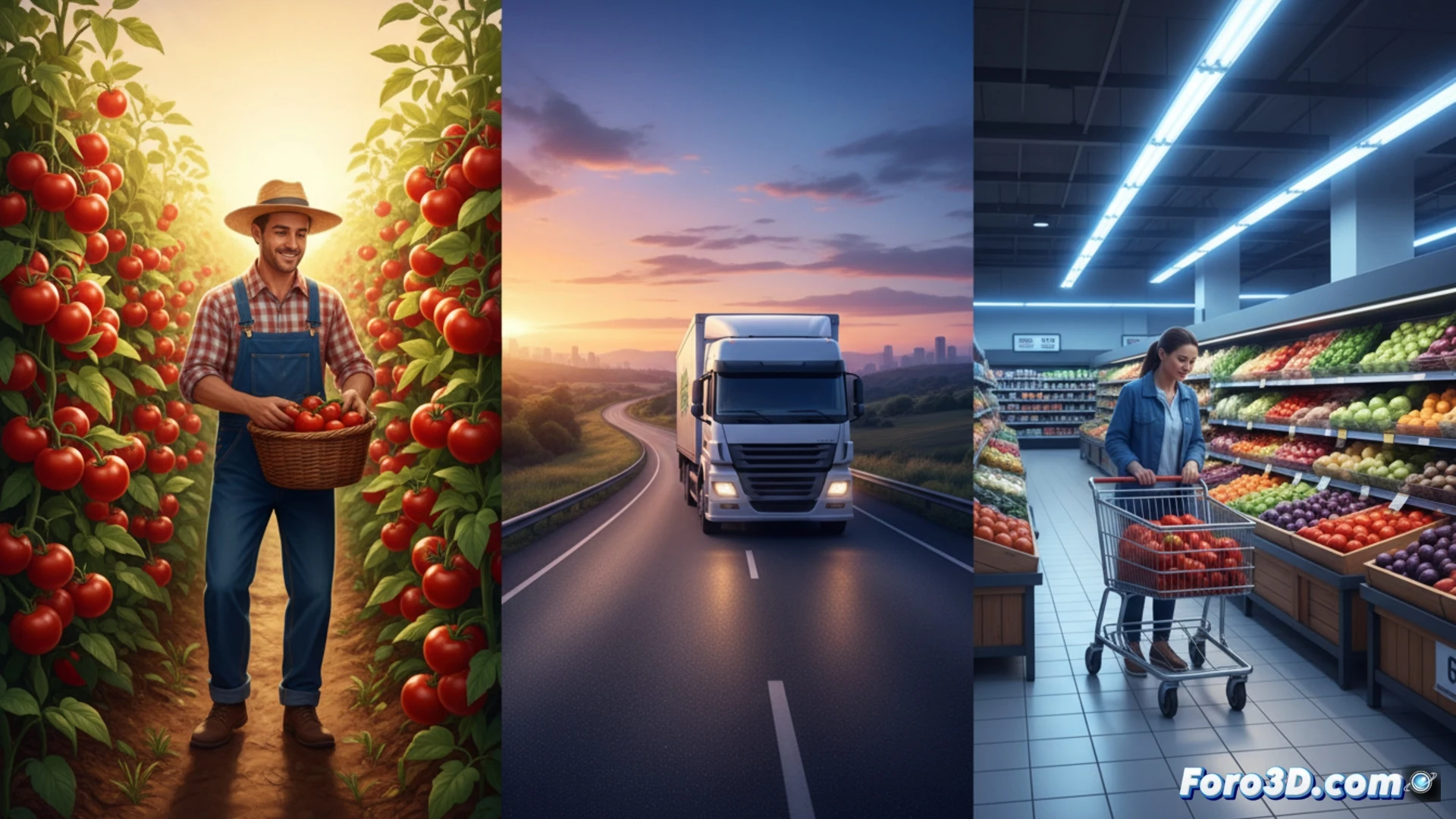 Imagen infográfica que muestra el viaje de un tomate desde el campo, pasando por camiones refrigerados, centros de distribución y hasta el estante de un supermercado, con iconos de vehículos y relojes que simbolizan la puntualidad.