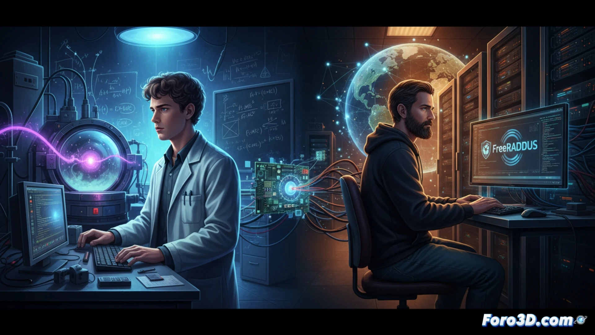 Un hombre ante un escritorio, con fórmulas nucleares que se transforman en código de red y el logo de FreeRADIUS, simbolizando su trayectoria única.