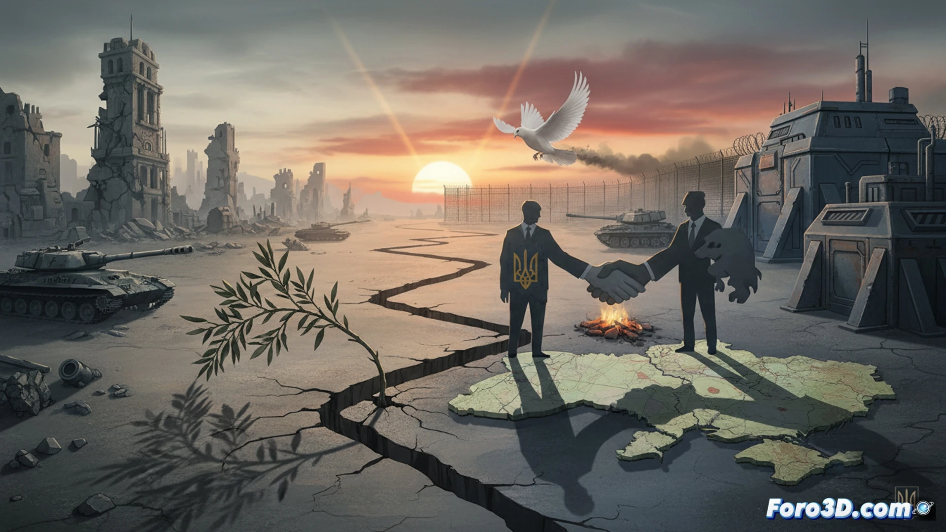 Mapa de Ucrania fragmentado, con una balanza entre un laurel y un casco militar sobre un fondo desgastado.