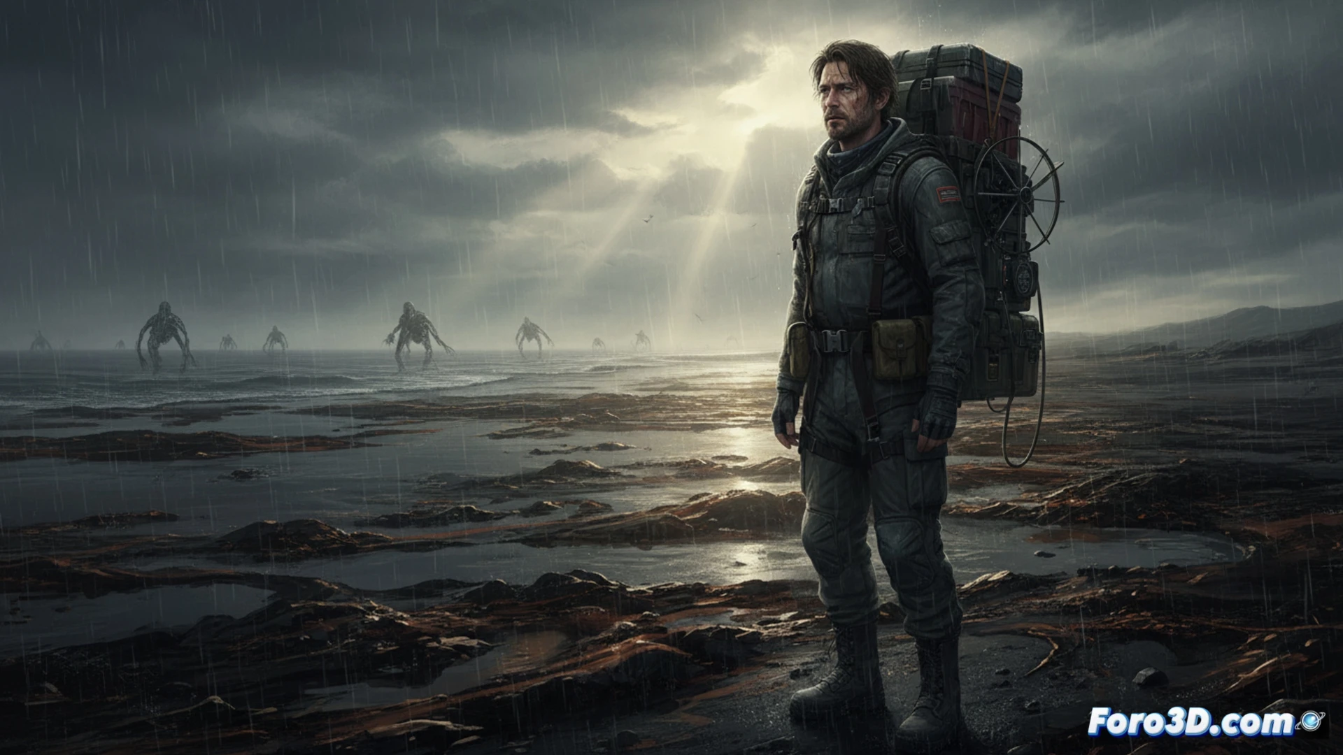 Captura de pantalla o arte promocional de Death Stranding 2 On The Beach mostrando al protagonista Sam Porter Bridges en el paisaje post-apocalíptico característico del juego.