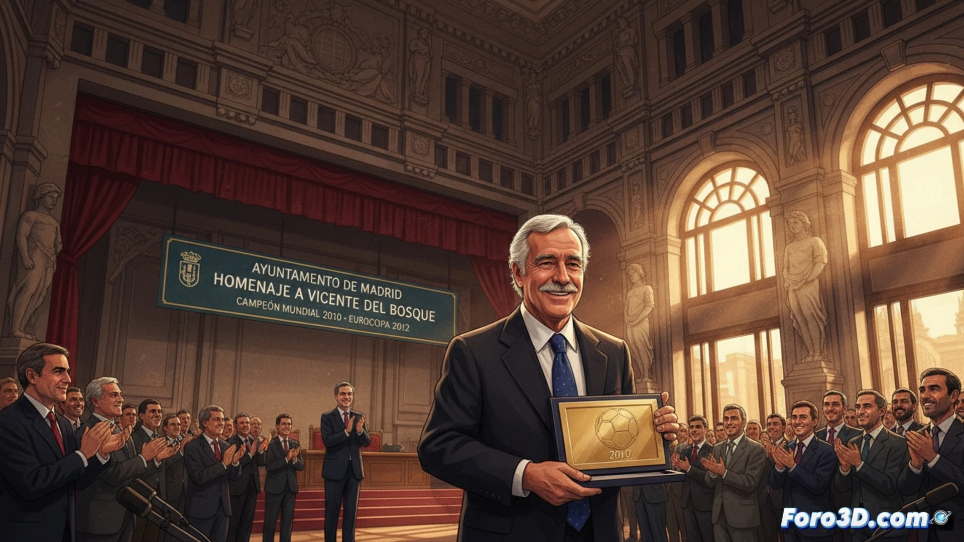 Vicente del Bosque recibe placa homenaje del alcalde Almeida, rodeado de autoridades en un acto solemne del Ayuntamiento de Madrid.