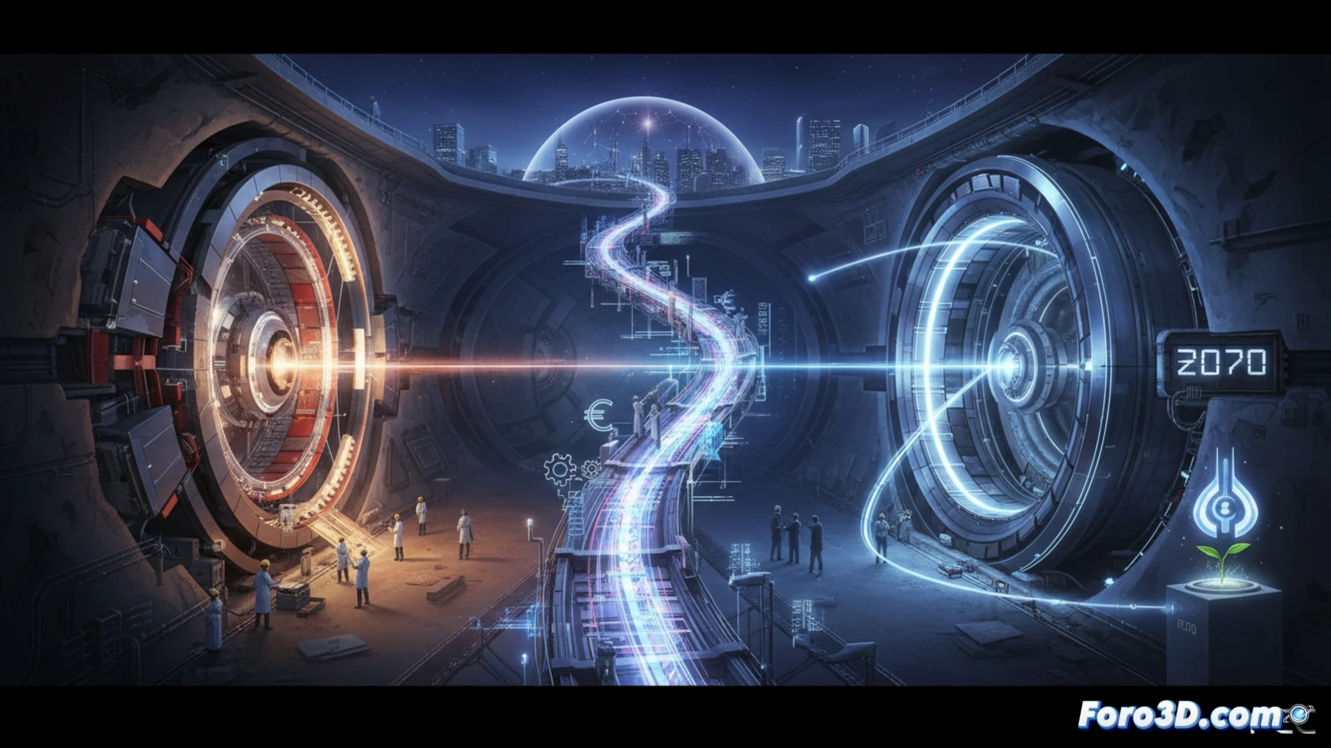 Un túnel circular futurista, con haces de luz colisionando, simboliza el largo camino científico del LHC al FCC, planeado para 2070.