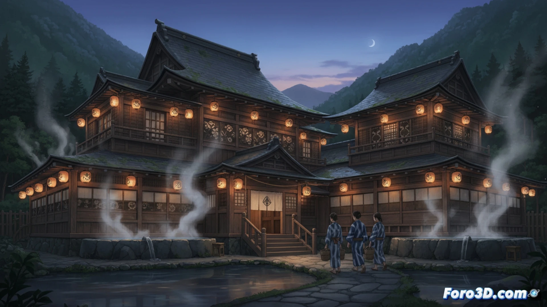 Fachada de madera del histórico edificio Honkan del Dogo Onsen, con arquitectura tradicional japonesa y entorno natural.