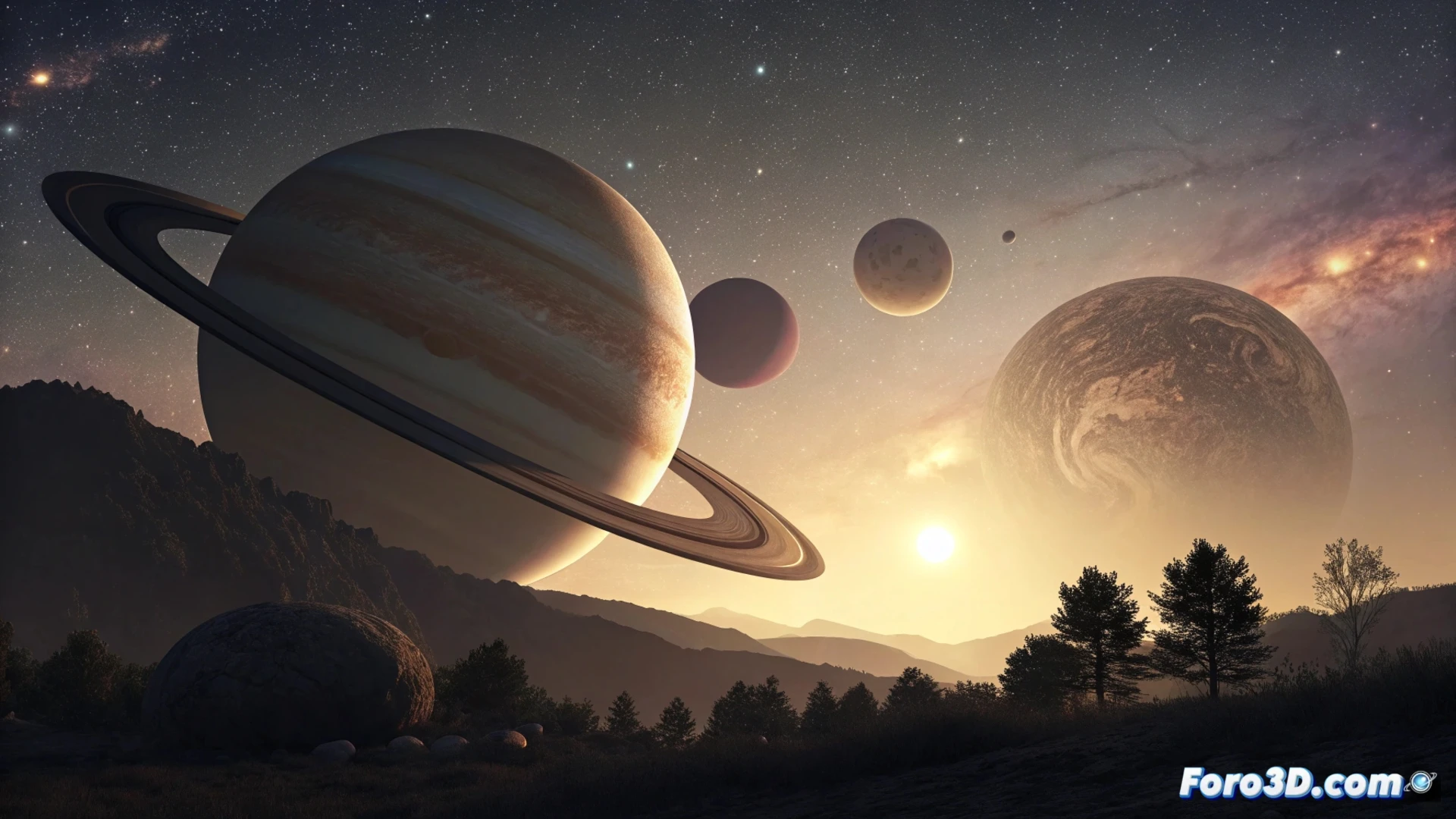 Seis planetas alineados en el cielo crepuscular, desde Mercurio hasta Saturno, formando una línea dorada sobre el horizonte oeste.