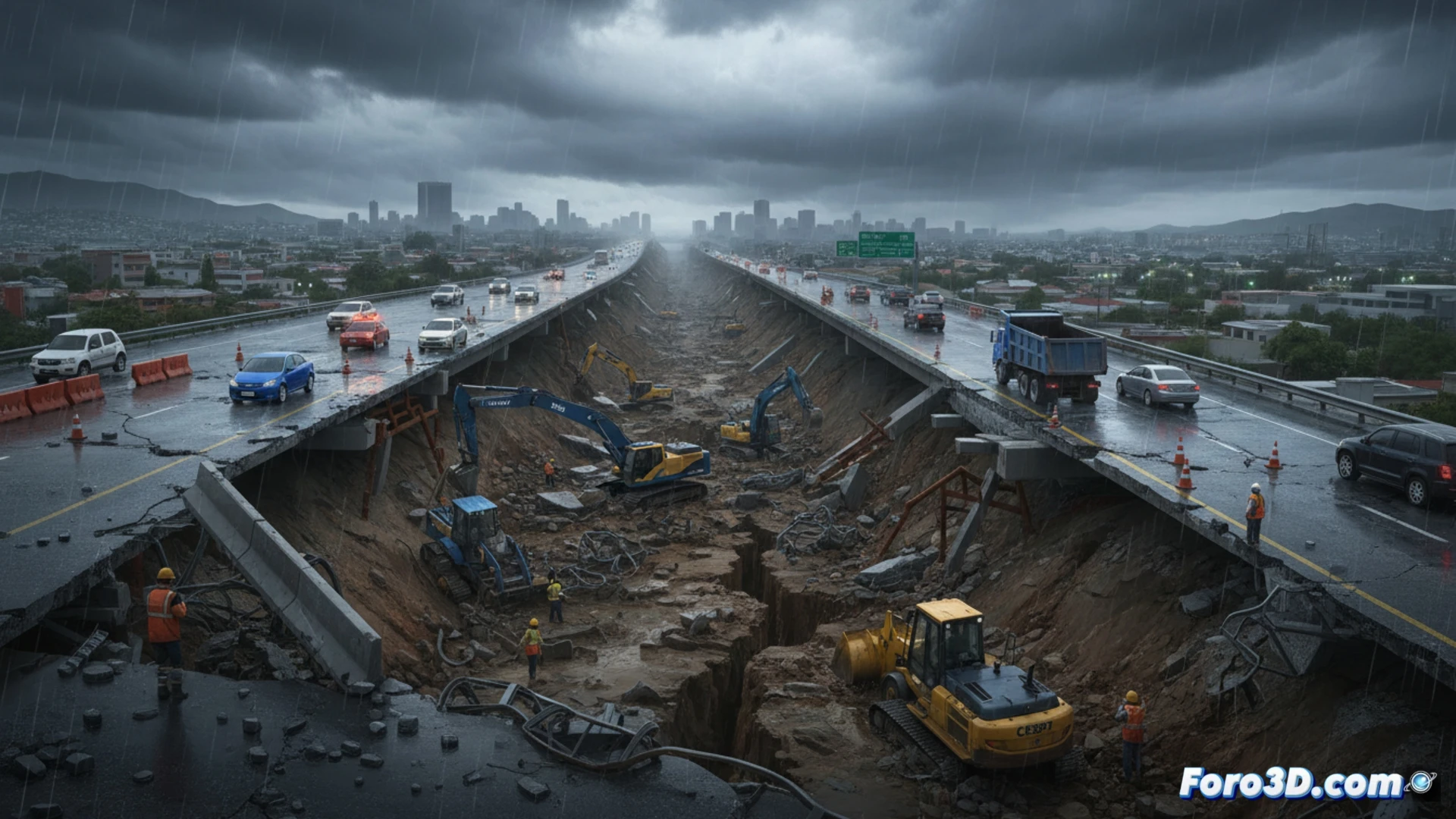 Una sección del libramiento colapsada por un deslizamiento de tierra, con maquinaria pesada de la CESPT trabajando entre lodo y escombros bajo un cielo gris.