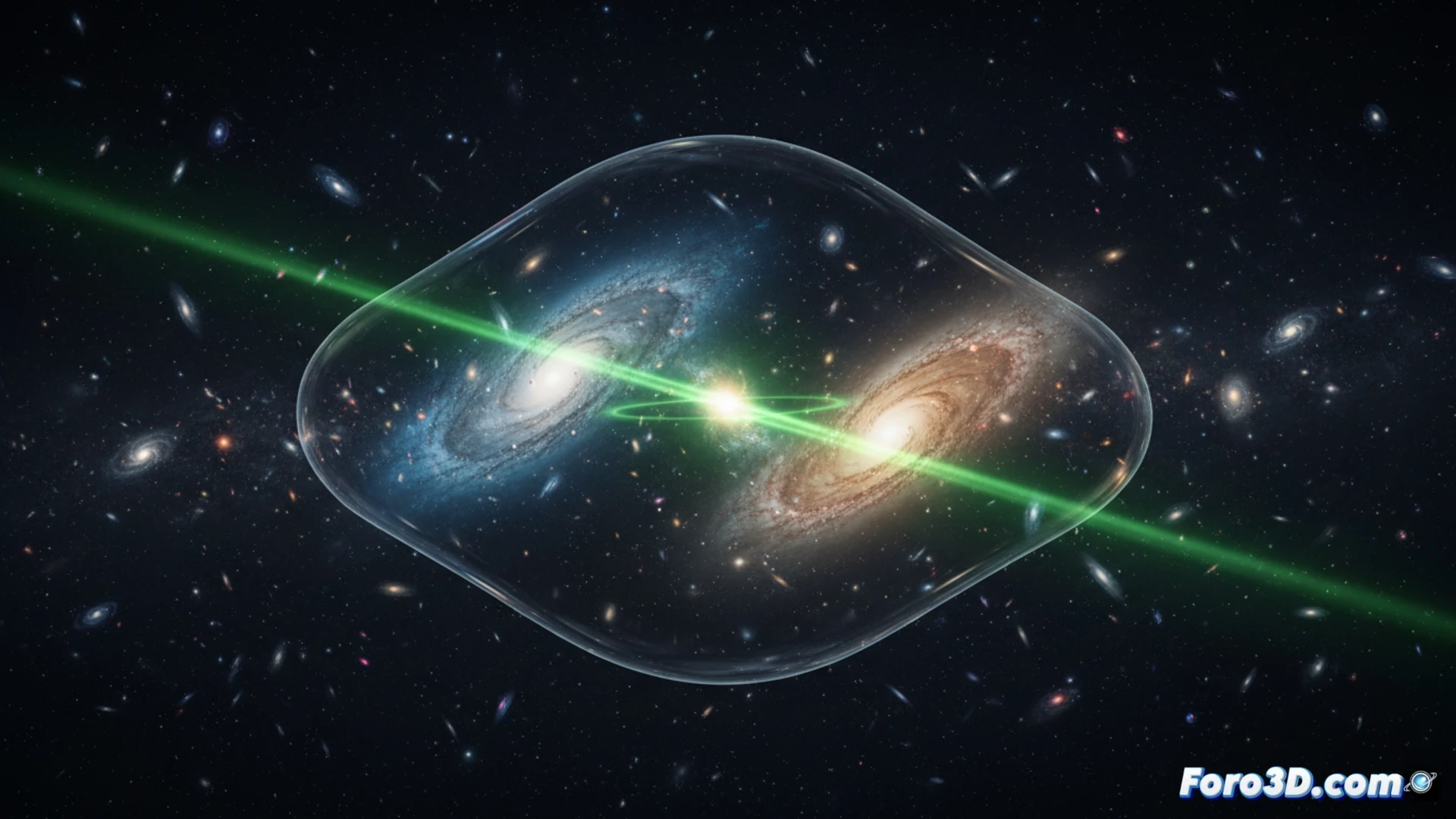 Una galaxia distante, deformada por una lente gravitacional, emite un intenso haz de luz de microondas (máser) desde su núcleo colisionante.