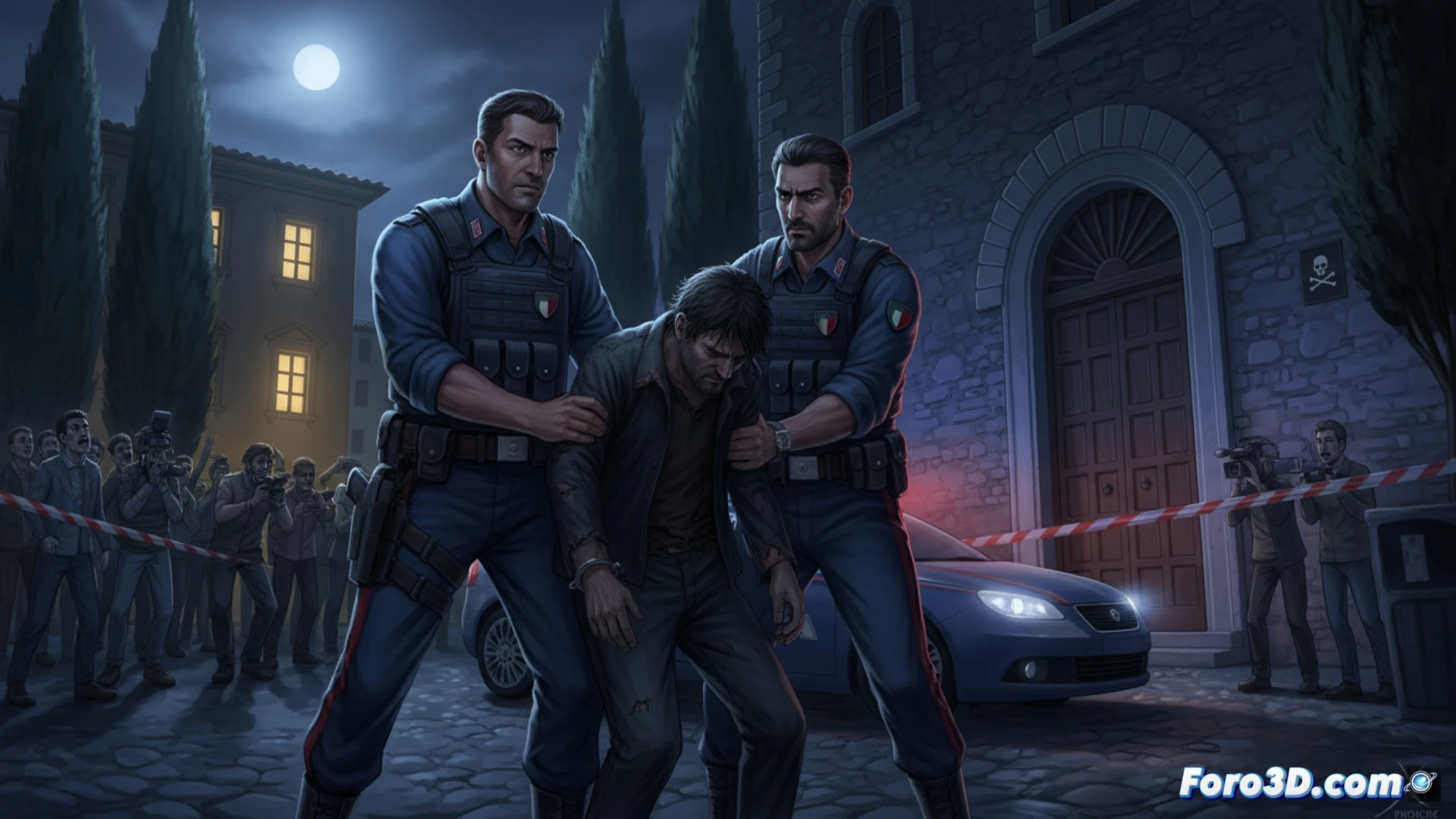 Imagen de una calle residencial de Scandicci, con coches de policía y cinta perimetral acordonando la escena, bajo un cielo gris.