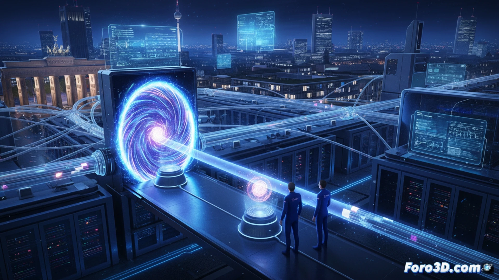 Científicos en laboratorio monitorean datos en pantallas, mientras un haz de luz viaja por fibras ópticas dentro de un mapa de red urbana de Berlín.