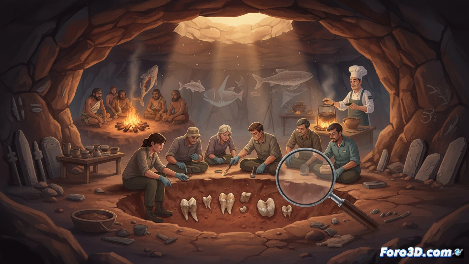 Primer plano de dientes de carpa fosilizados, con marcas de calor, sobre un fondo de cenizas y herramientas de piedra achelenses.