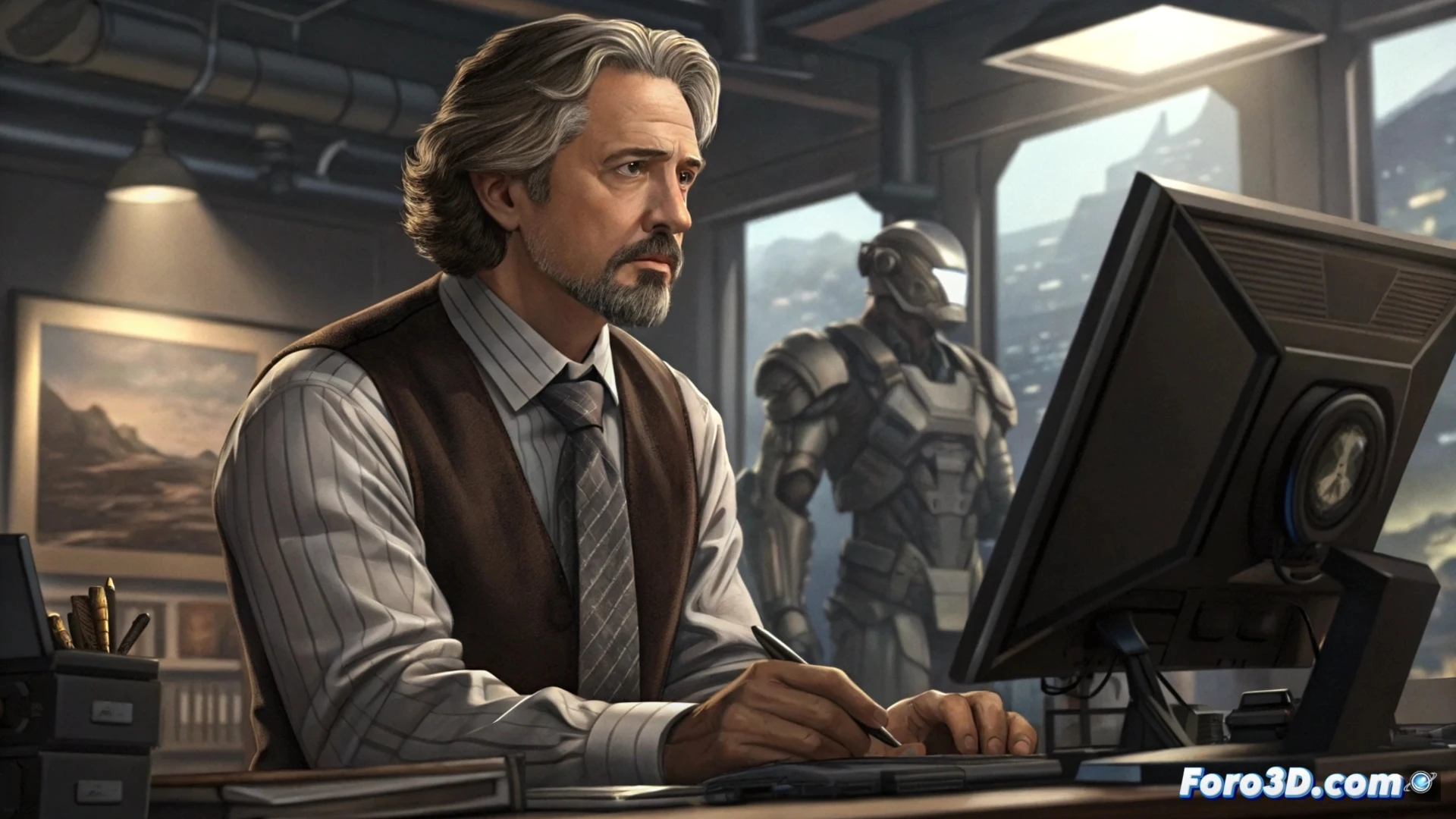 Un supervisor de VFX revisa planos digitales en una sala de postproducción, rodeado de pantallas con efectos para una película de gran escala.