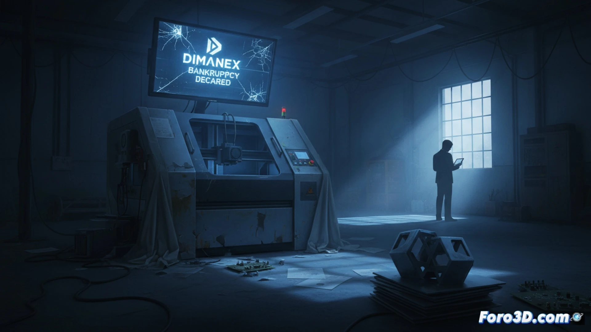 Una oficina moderna con pantallas apagadas mostrando software de impresión 3D, papeles desordenados y un sello de BANCARROTA sobre el logotipo de la empresa.