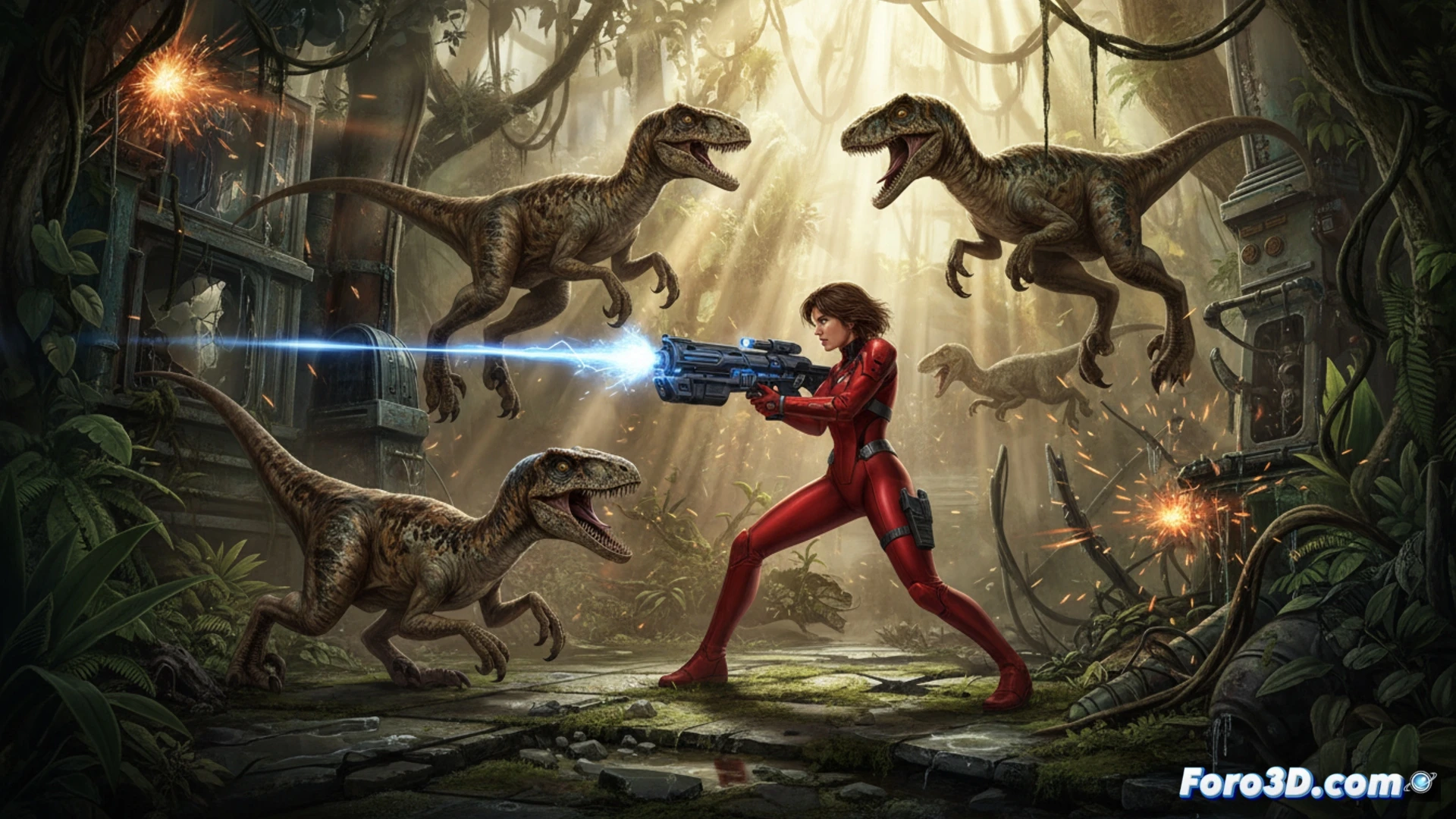 Captura de pantalla de Dino Crisis 2 mostrando a un personaje enfrentándose a dinosaurios en un entorno selvático y futurista.