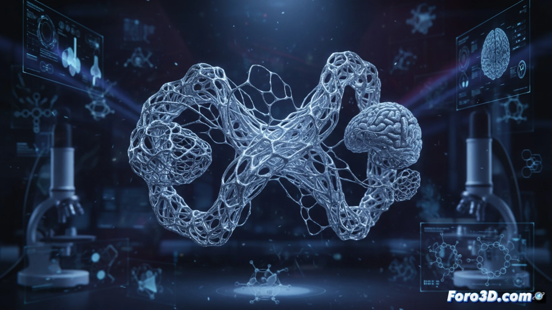 Una intrincada estructura 3D de nitinol, similar a una malla o tejido biológico, creada mediante impresión láser. Sus formas geométricas complejas y porosas brillan con un tono metálico, ilustrando el futuro de los implantes médicos personalizados.