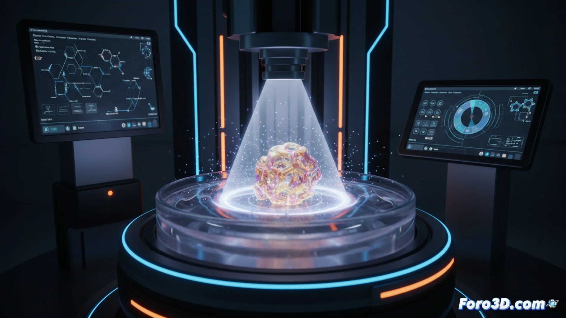 Un haz láser azul solidifica resina en un cilindro giratorio, creando una microestructura compleja en fracciones de segundo.