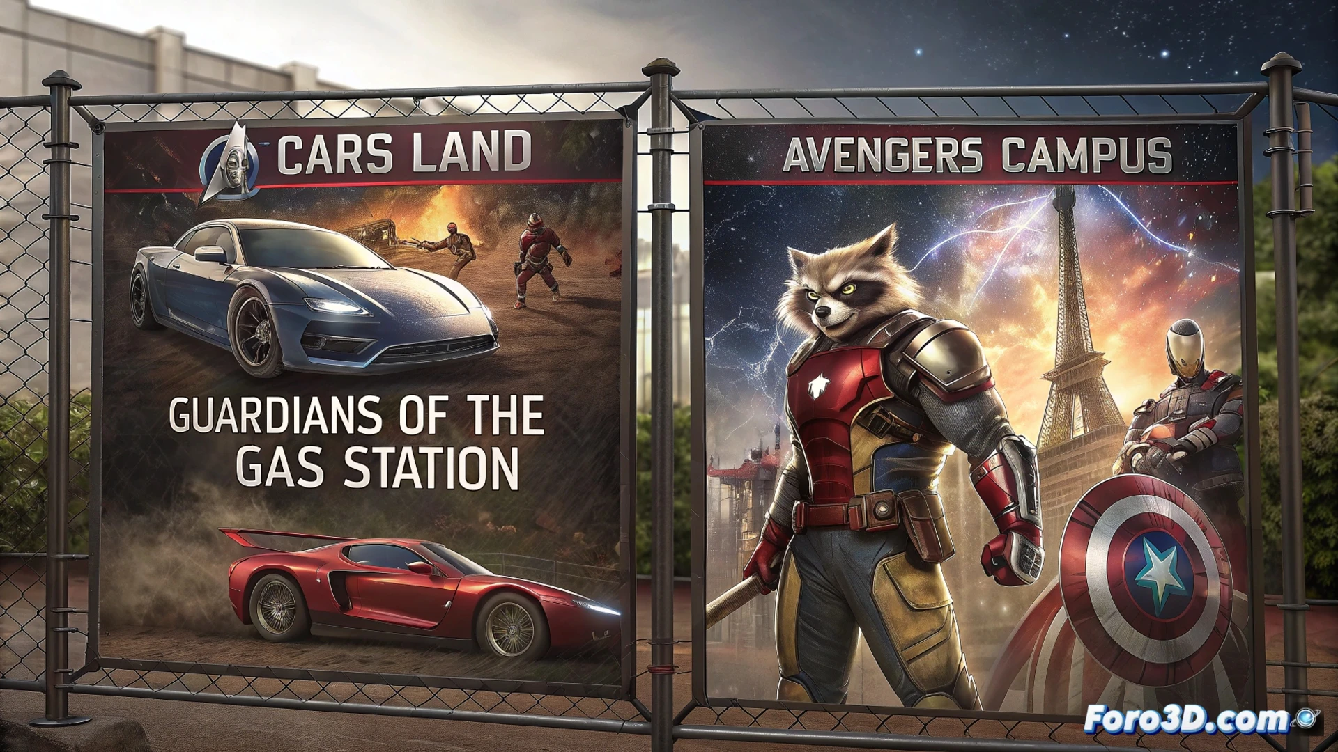 Vallas de obra muestran a vehículos de Cars como superhéroes de Marvel, fusionando ambos universos en parodias gráficas y coloridas.