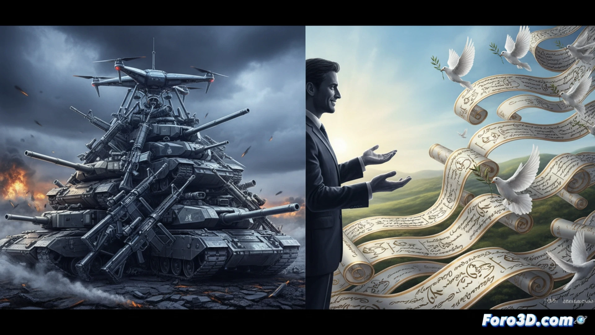 Una mano sostiene un micrófono de paz, mientras la otra entrega un misil. Al fondo, un mapa de Ucrania en llamas.