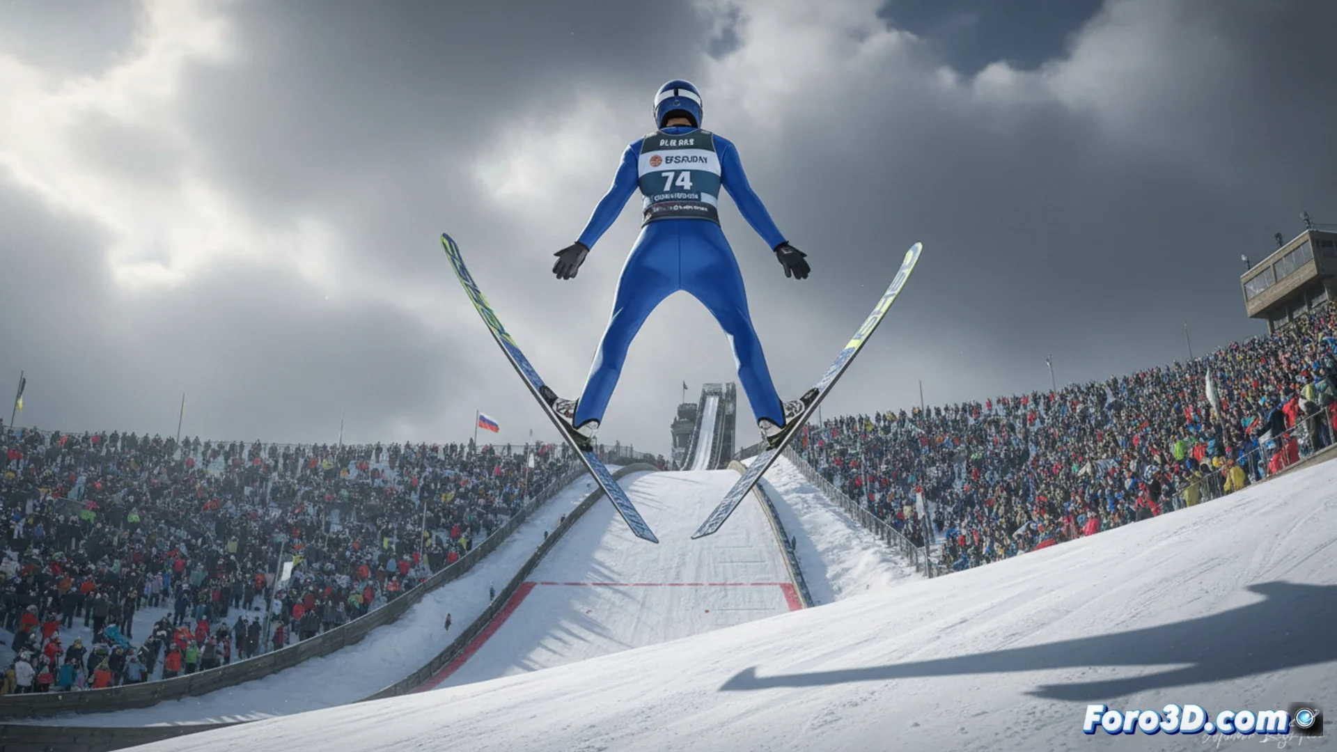 Domen Prevc, saltador esloveno, en pleno vuelo durante su salto victorioso en la colina de Willingen, Alemania, con el público en las gradas de fondo.