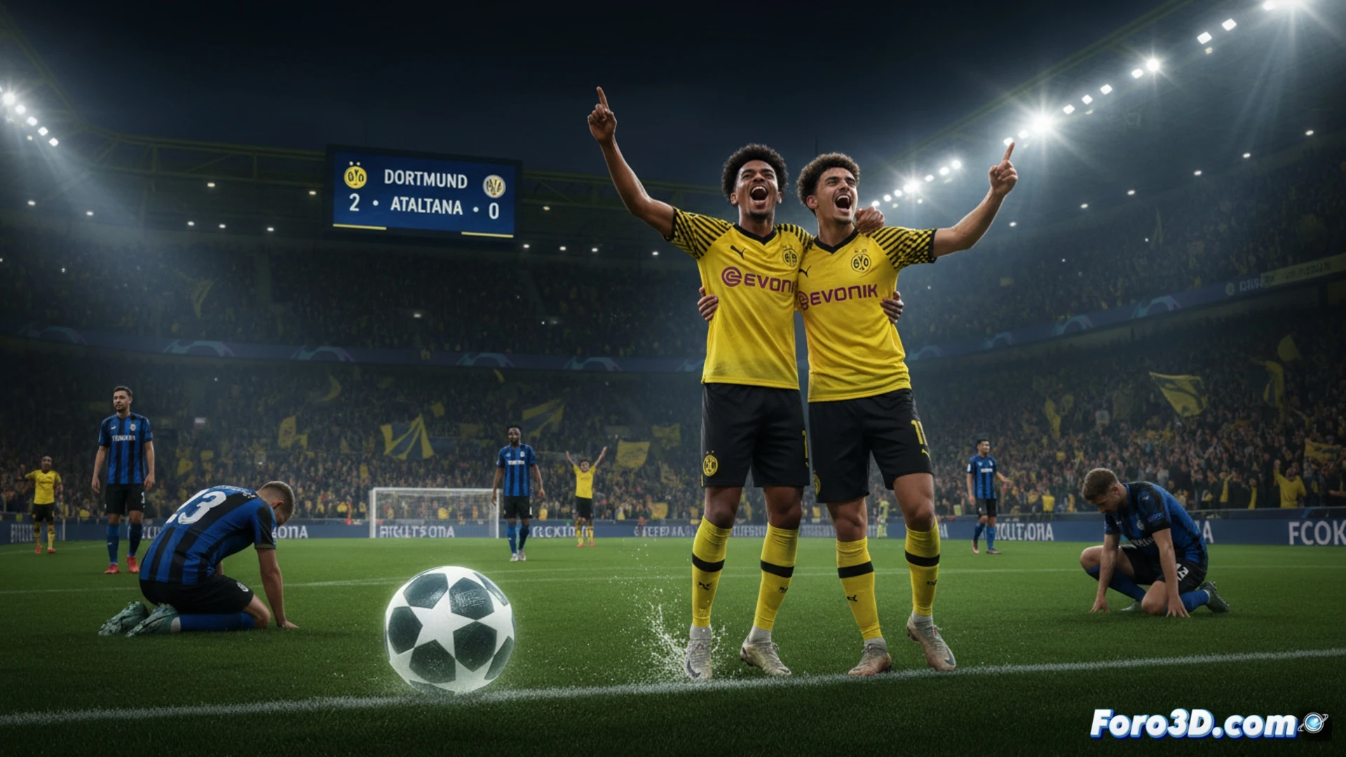 El Dortmund celebra un gol en un Signal Iduna Park vibrante, dominando con contundencia a un Atalanta desdibujado en la ida de Champions.