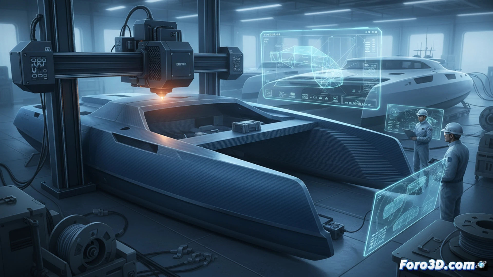 Impresora 3D industrial creando un molde de casco de catamarán eléctrico en un taller de construcción naval.