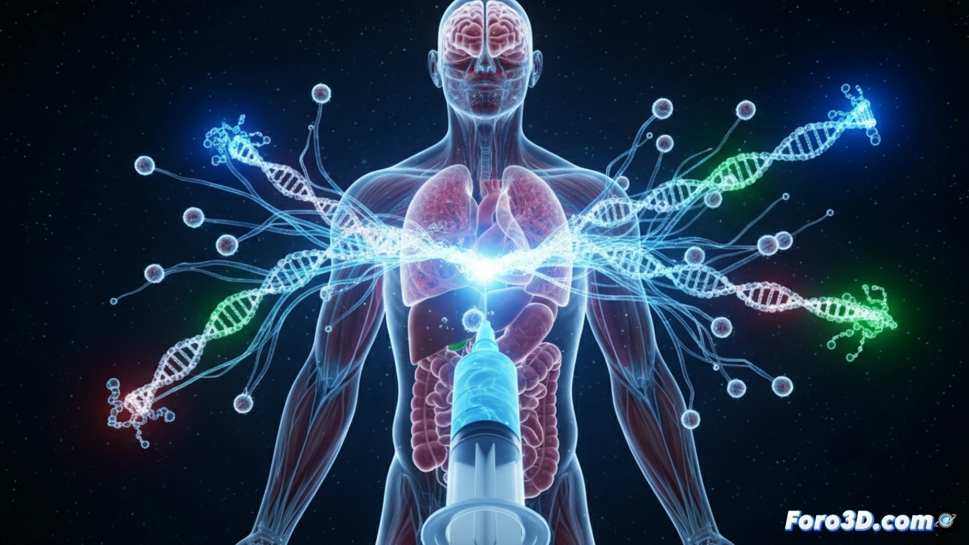 Una jeringuilla con líquido luminiscente que, al inyectarse, libera una red de partículas que se expanden por un cuerpo humano translúcido, modificando cadenas de ADN en órganos clave.