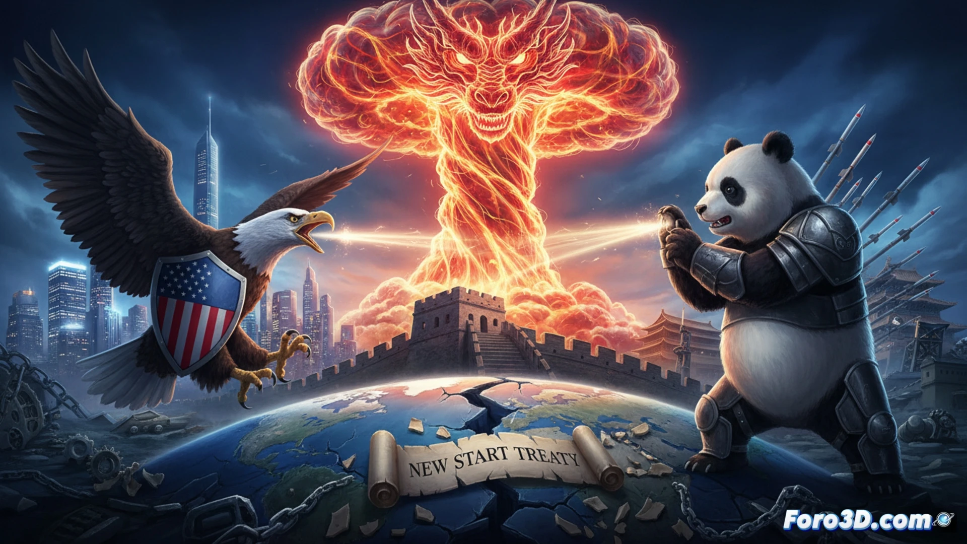 Imagen de un mapa del Pacífico con misiles nucleares estadounidenses y chinos enfrentados, sobre un fondo de tratado New START roto y gráficos de aumento de arsenal.