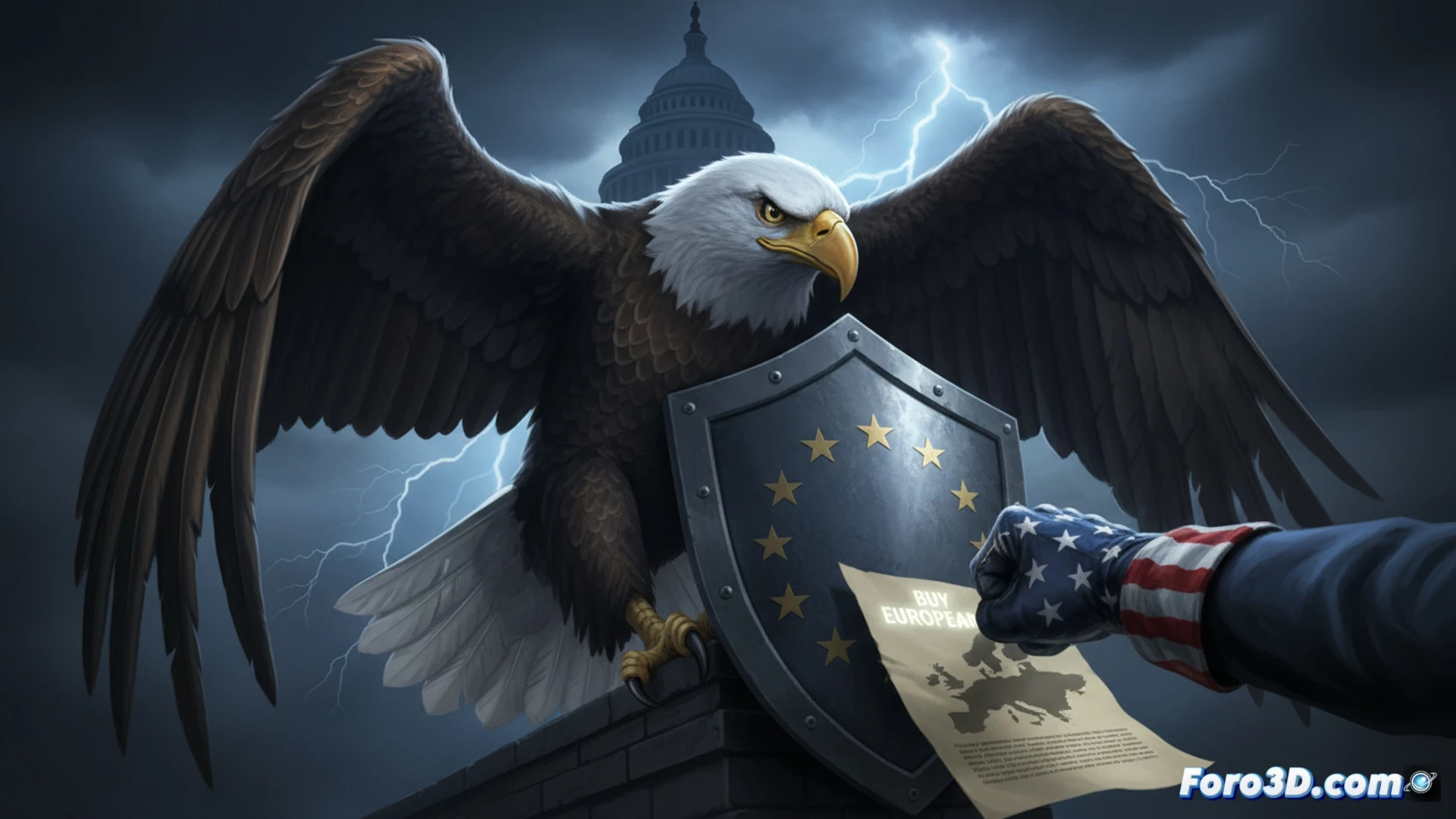 Imagen de un mapa estilizado del Atlántico con un puente industrial roto entre EE.UU. y Europa, símbolos de defensa y banderas a cada lado.