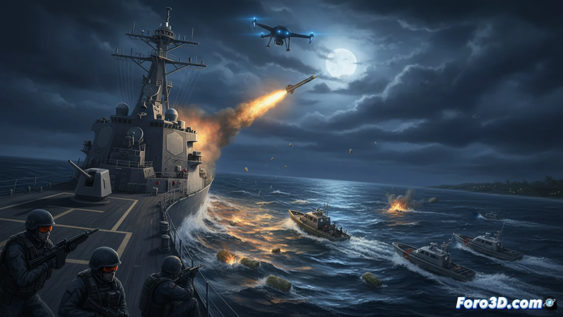 Un barco de la Guardia Costera de EE.UU. intercepta una lancha sospechosa en aguas caribeñas, bajo la vigilancia de un helicóptero.