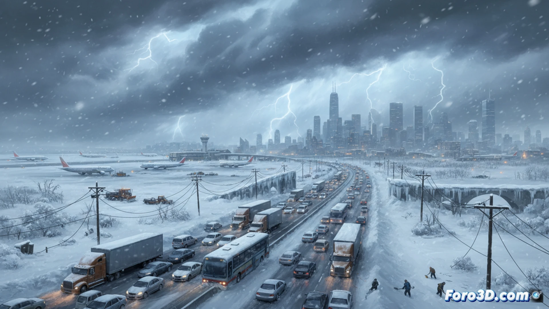 Una carretera interestatal completamente cubierta de nieve, con coches abandonados y un camión volcado. A lo lejos, una ciudad aparece borrosa por la ventisca.