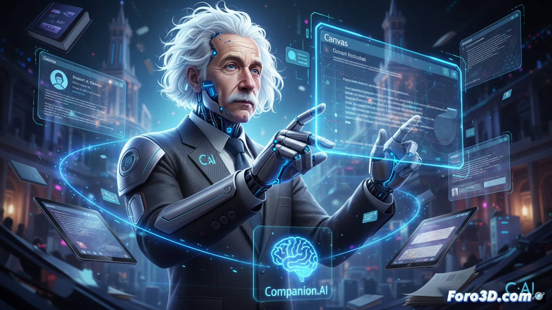 Un avatar digital escribe en un portátil con el logo de Canvas, mientras iconos de tareas automatizadas y un debate ético flotan a su alrededor.