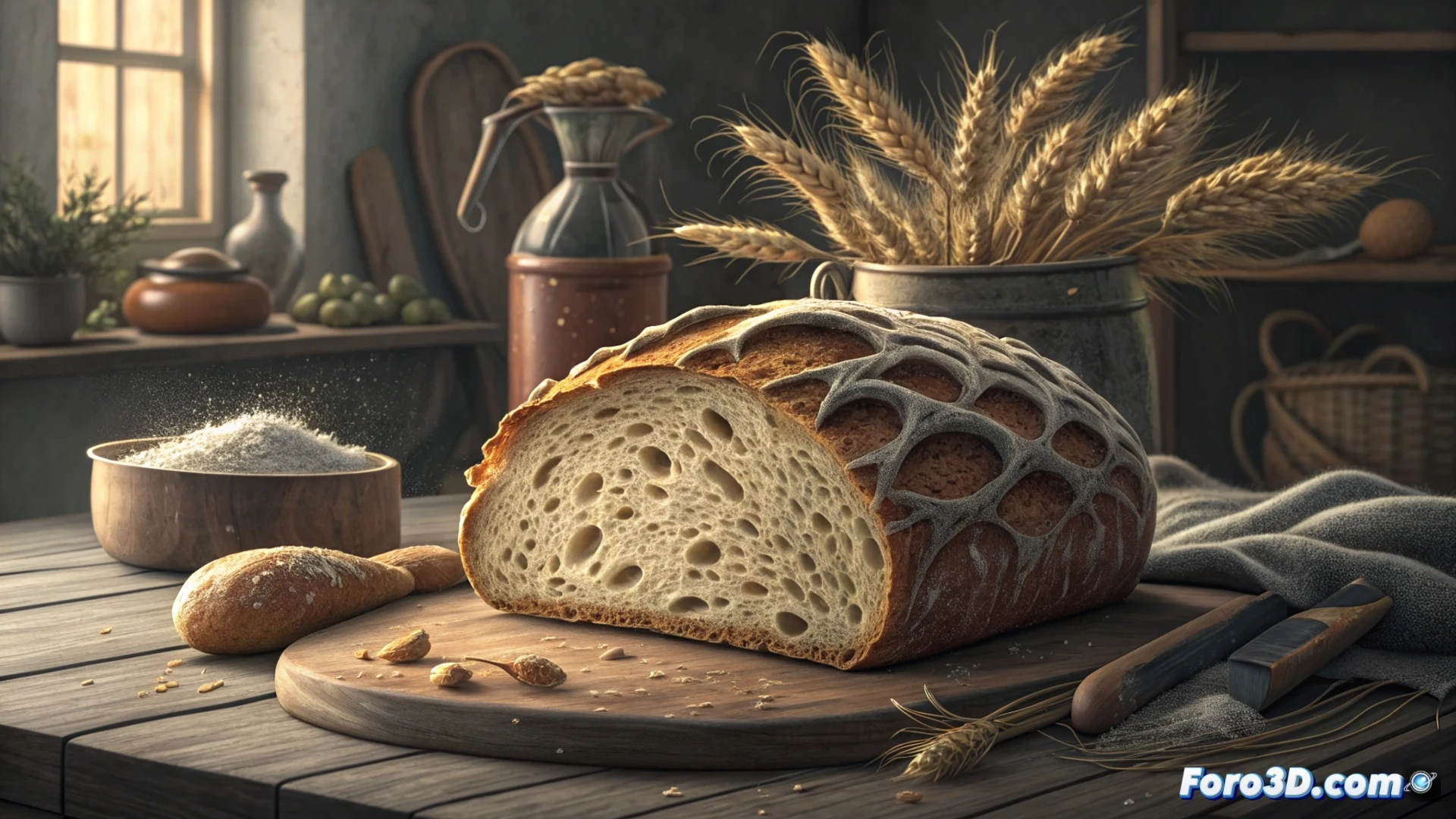 Un pan artesano con corteza fina y crujiente, miga alveolada y húmeda, sobre una tabla de madera con harina y un cuenco de masa madre.