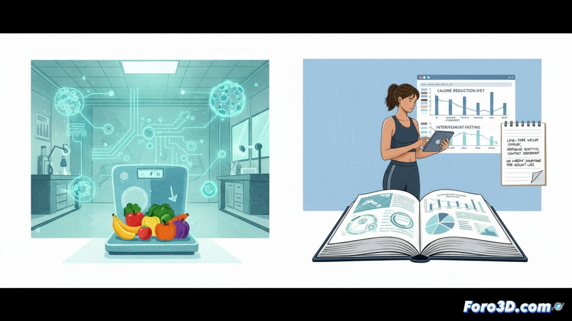 Una balanza en equilibrio, con un reloj de arena y un plato con comida en cada platillo, simbolizando que el ayuno y la dieta tradicional son igualmente efectivos para perder peso a largo plazo.