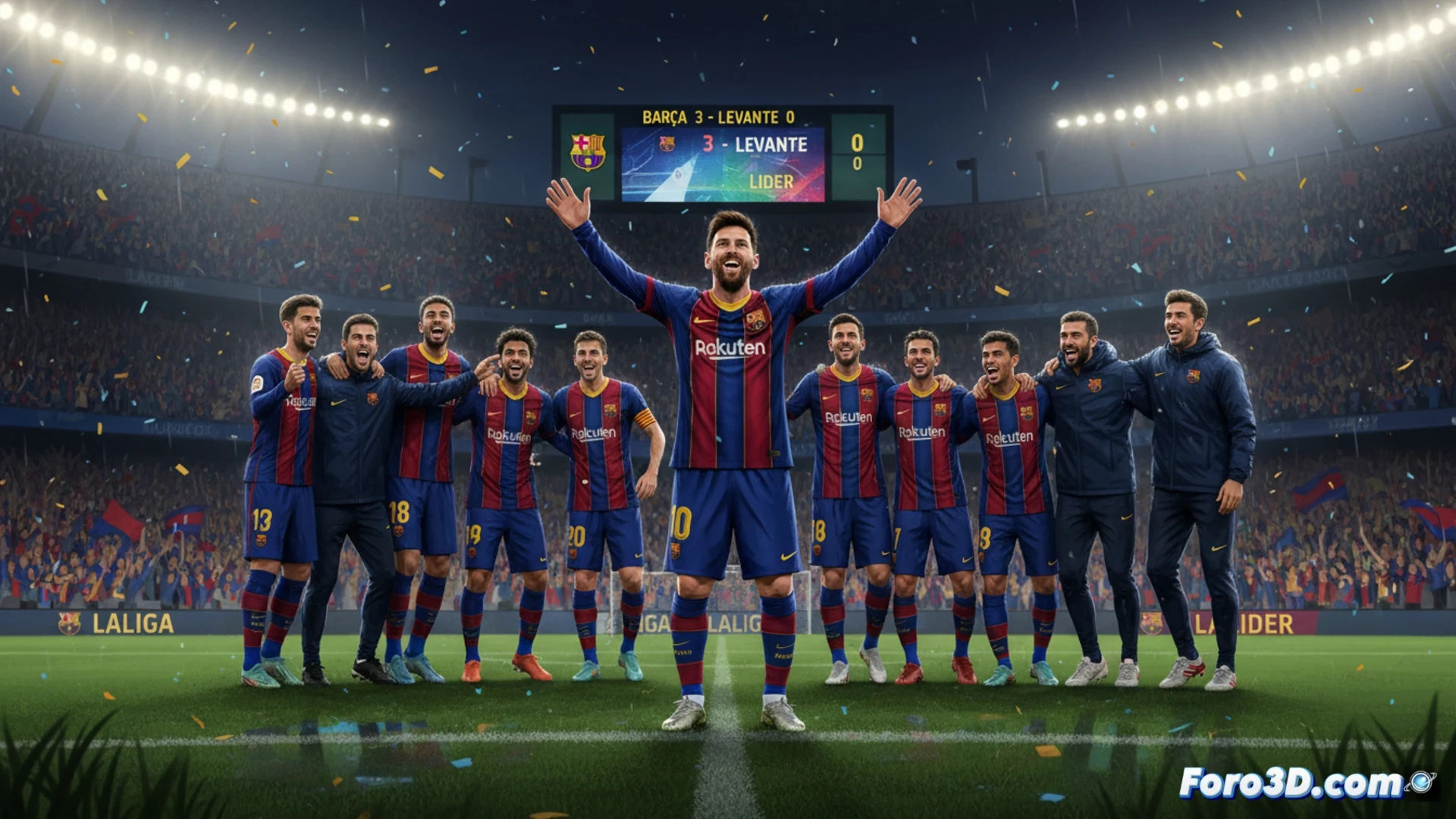 El Barça celebra un gol en el Camp Nou. Los jugadores se abrazan ante la afición, tras una victoria clave que les devuelve a lo más alto de la tabla.