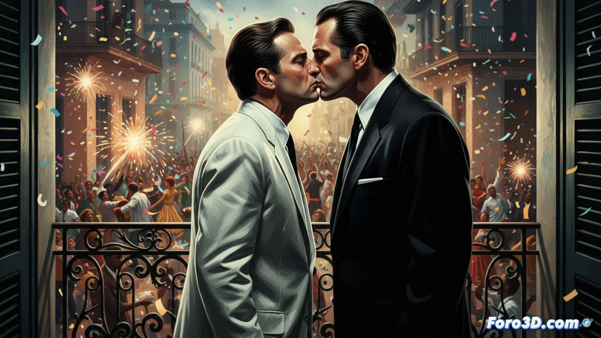 Un hombre de negro besa a otro de blanco en medio del caos de una fiesta. Su mirada es fría y letal, sellando una traición en un instante de silencio absoluto.